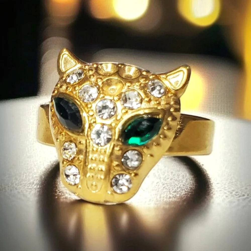 Gold Panther Zircon Emerald Crystal Ring